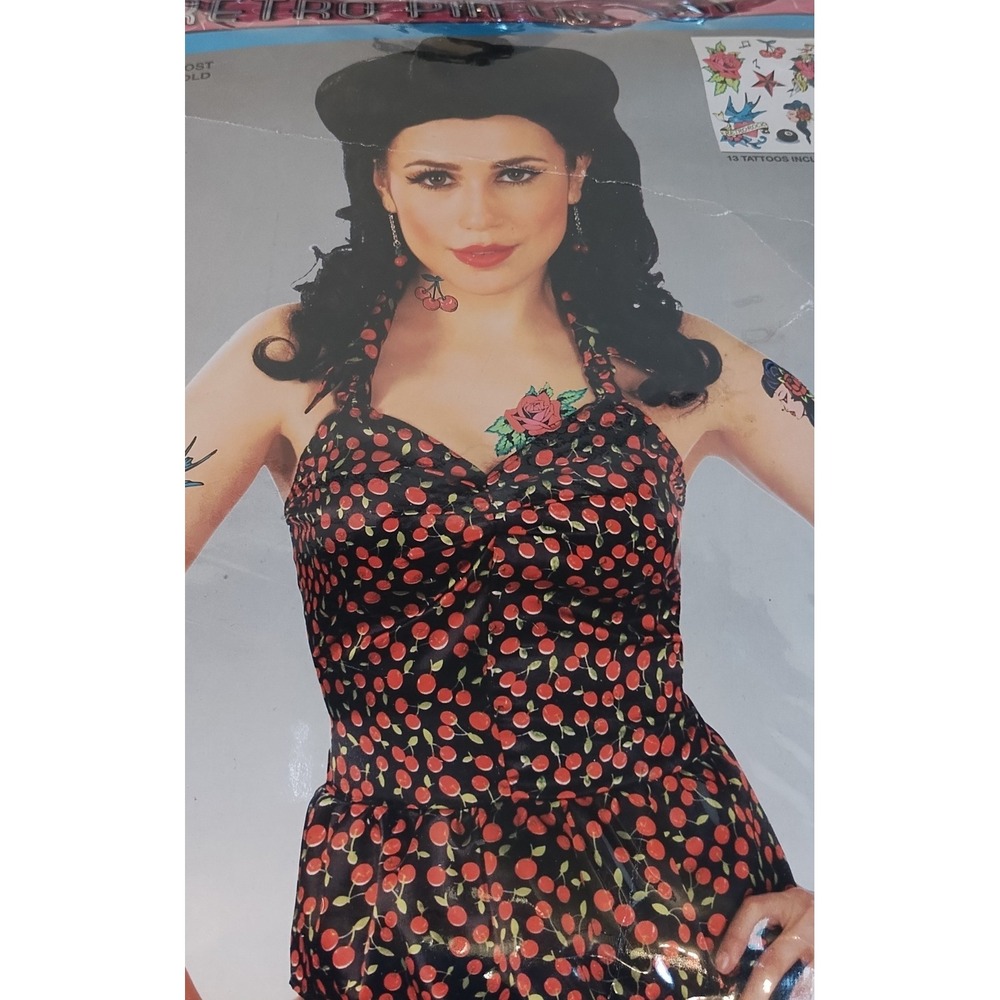 Fabulous 50s Retro Pin-Up Kit Sexy Cherry Halter Top Wig Tattoos OSFM Rockabilly